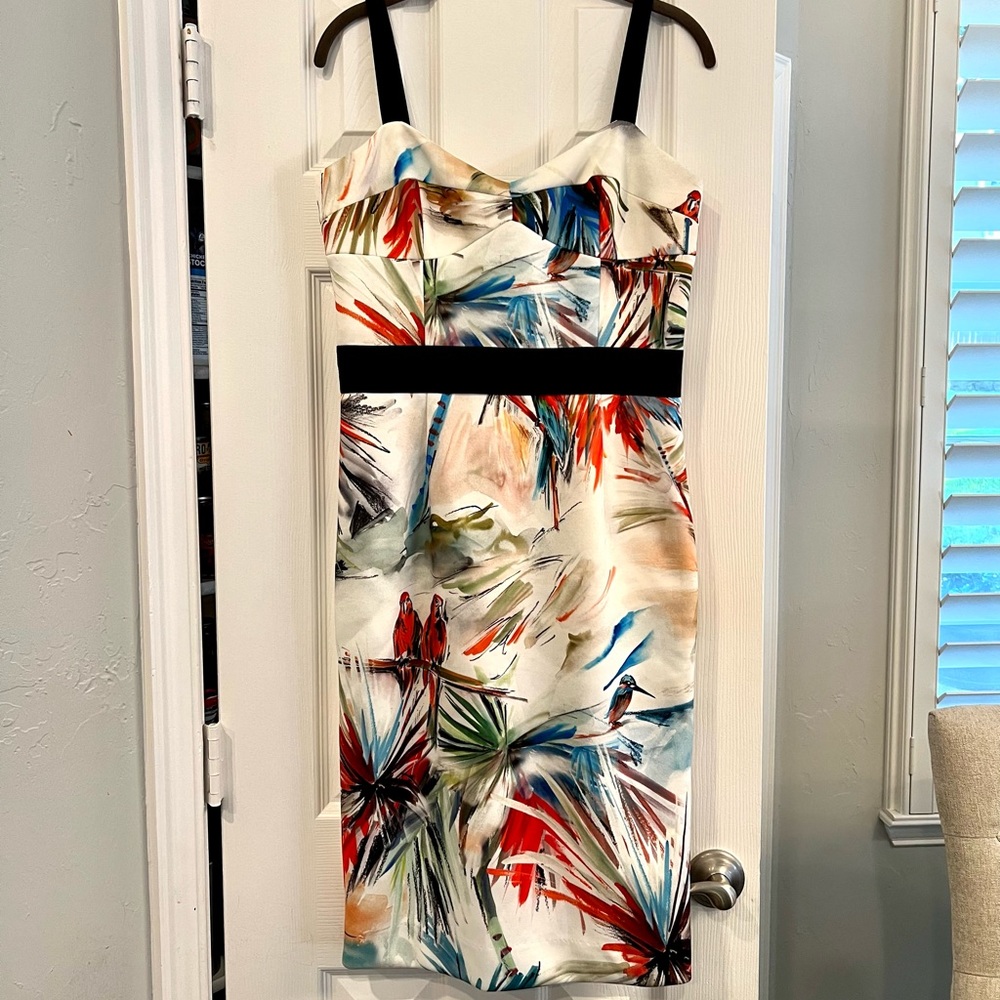 Milly Parrot-Print Bustier dress with tropical colors & wide black straps Sz 10